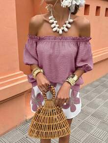 Selianne Women's Off-Shoulder Printed Shirt And Shorts 2-Piece Set, Casual Holiday Outfit - Multicolor - View 4