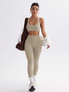 Easithlete Easithlete 2件組女款素色後綁帶細肩帶上衣與緊身褲運動套裝，米色夏季性感健身休閒運動瑜伽服 - 奶油白 - 查看 3