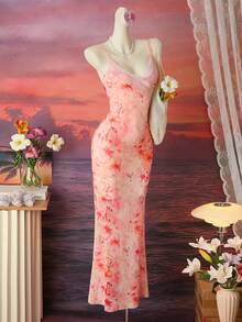 Femesol 2026 Summer Vacation Beach Elegant Sexy Deep V-Neck Lace Mesh Printed Dress For Mature Women - Pink - View 6