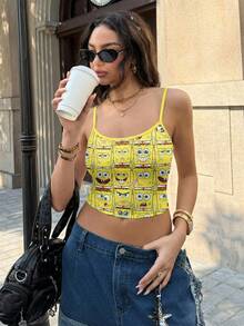 SpongeBob SquarePants | SHEIN Women's Casual Versatile Graphic Camisole Tank Top - White - View 1