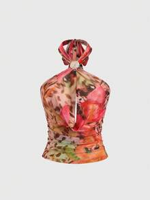 Sweetra Women's Vintage Elegant Casual Printed Open Back Ruched Waist Mesh Blouse Shirt, Spring/Summer - Multicolor - View 3