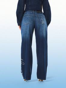 BABYPHAT Women's Straight Fit Rhinestone Embellished High Rise Denim Jeans With Side Script Detail For Casual Everyday Wear - Blue - View 2