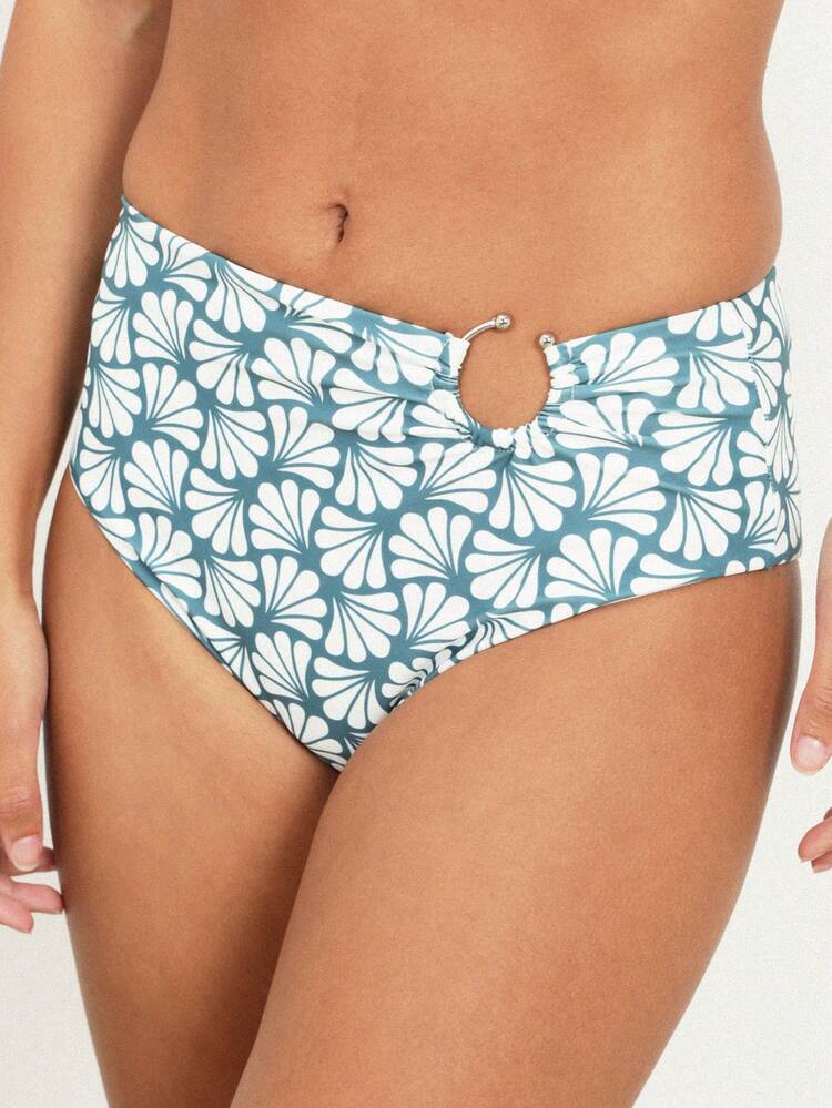 KSTM Hochtailliger Bikini-Slip mit Blumenmuster, Ringdetail, Ausschnitt und tropischem Muster, Sommerbademode Bikinihose