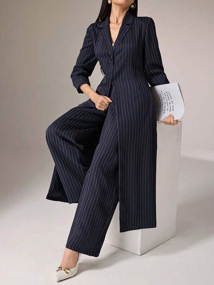 Heiryn 2 件套女士休闲条纹长外套和裤子套装，适合秋季 2 件套 - 藏蓝色 - 查看 1