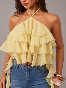 Radiana 女士优雅浪漫荷叶边雪纺衬衫，柔和黄色，迷人飘逸的网纱荷叶边吊带背心，适合约会、聚会、下午茶、生日、派对、鸡尾酒会、俱乐部、海岛度假、海滩、假日等场合。 - 鵝黃色 - 查看 7