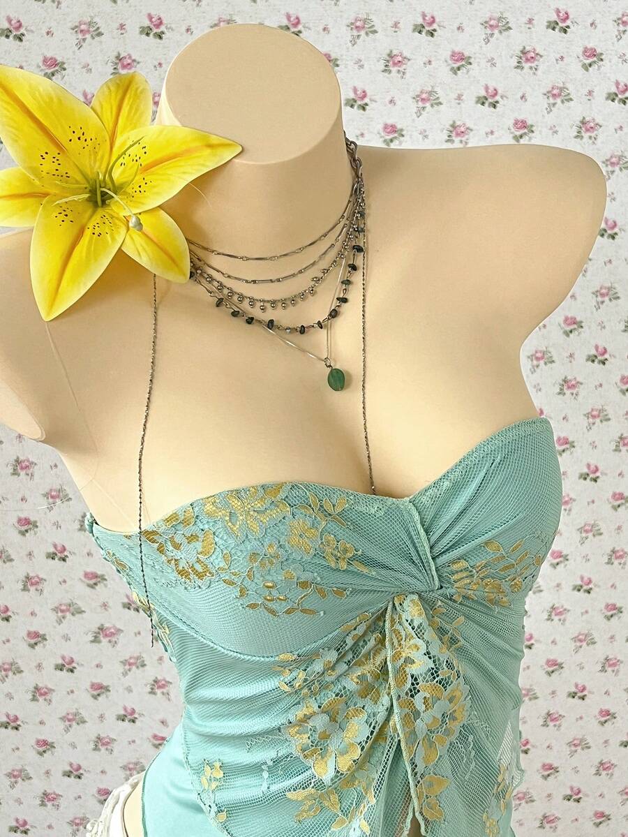 SuriyaCove Women's Dual-Color Lace Twist Halter Neck Blouse, Vacation Style - Green - View 1