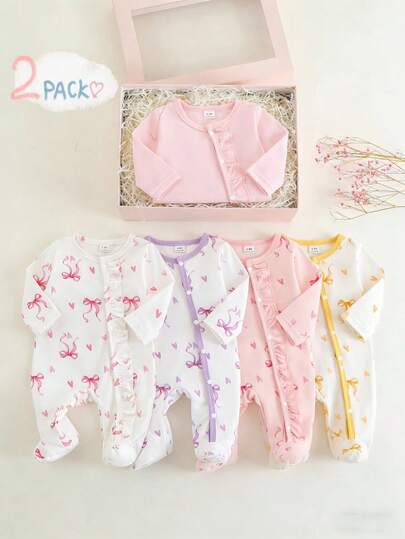 2pcs Newborn Baby Pink Long Sleeve Footed Romper With Cute Bow, Soft & Comfortable Cotton Knit Infant Sleepwear, Best Gift For Newborns