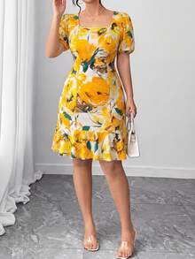 Elenzga Vestido de fiesta elegante con cintura ceñida y estampado floral para mujer de talla grande - Amarillo - Ver 6