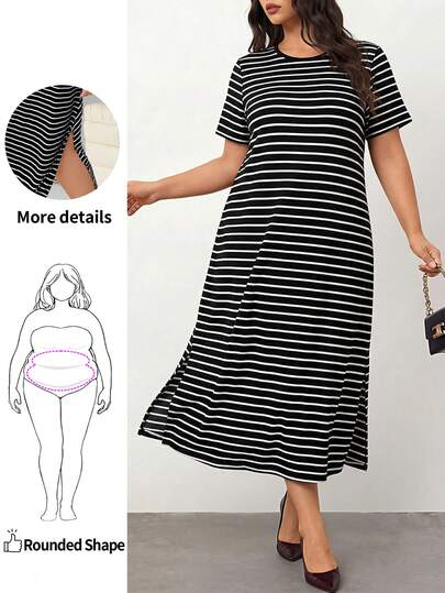 Enliva 大码春夏装，黑白条纹长侧开衩T恤连衣裙，大码短袖连衣裙