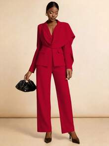Vesra French Atmosphere Plunging Neckline Design Red Suit Jacket & Pants Set - Red - View 4