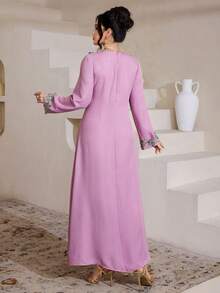 Modelyn Embroidered Trim Patchwork Elegant Modest Plus Size Long Sleeve Dress Wedding Purple Autumn - Hot Pink - View 7
