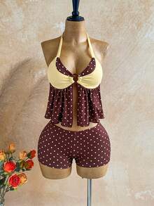 Soleia Set de vacanță pentru femei, format din 2 piese: top scurt tricotat cu dungi roșii și albe și pantaloni scurți cu talie joasă asortați, potrivit pentru petrecere, Crăciun, întâlnire, plajă, croazieră, carnaval, vară - Multicolor - Vizualizare 3