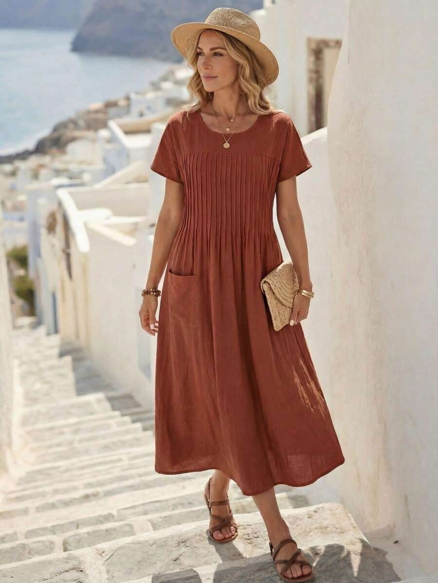 Faunlyn Women's Solid Color Round Neck Short Sleeve Pleat Double Pocket Loose Casual Dress - Redwood - View 1