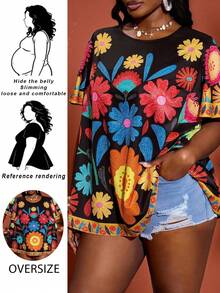 SHEIN CURVE+ Curve 尺码 US22 音乐节、海滨度假、波西米亚风女士热带印花宽松休闲短袖衬衫 - 黑色 - 查看 2