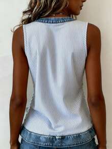 EMERY ROSE Women's Vertical Striped V-Neck Casual Versatile Tank Top - Blue - View 2