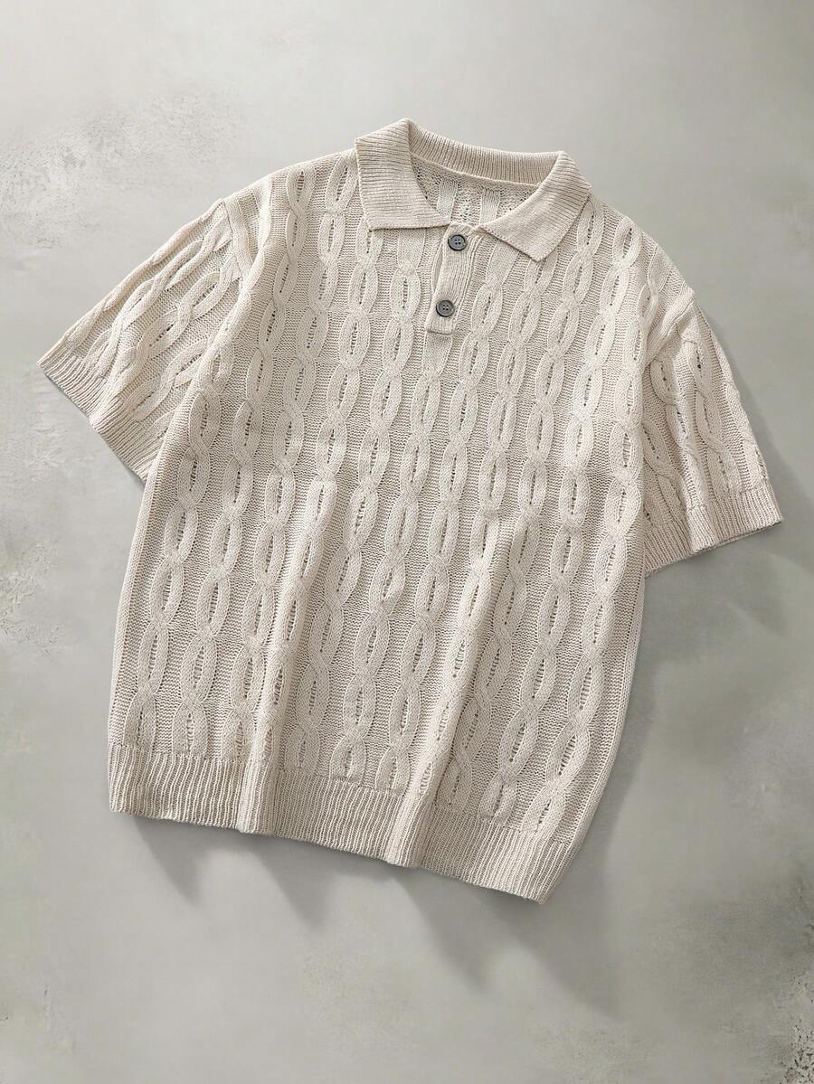 Manfinity CityGents 男士纯色短袖落肩半开襟休闲针织上衣 - 杏色 - 查看 1