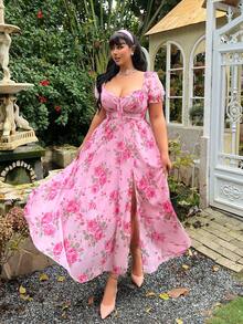 Lyrianda Plus Size Elegant Chiffon Printed Dress - Pink - View 6