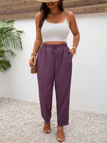 SHEIN Frenchy Pantaloni casual con tasche e nodo, tinta unita, taglie comode, adatti per le vacanze - Viola - Visualizzare 5