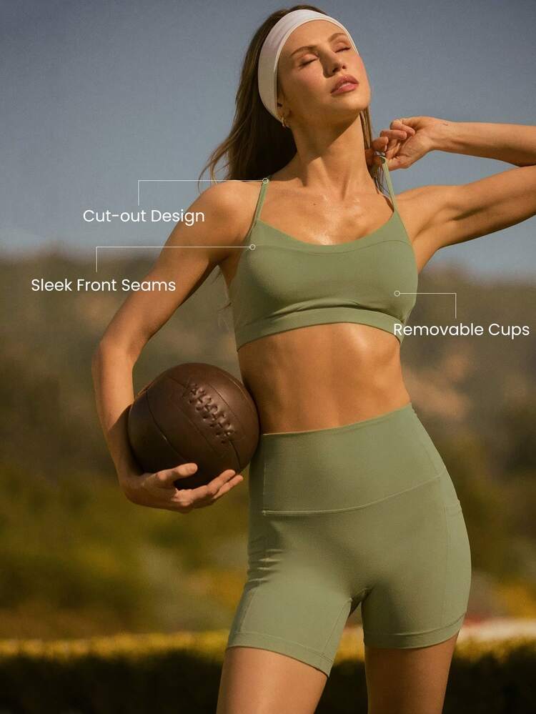 FeatherFit™ Aquí Brillamos Sujetador deportivo con copas desmontables, espalda abierta con recortes y forro, de bajo impacto, para yoga, pilates, estudio, gimnasio y uso diario activo