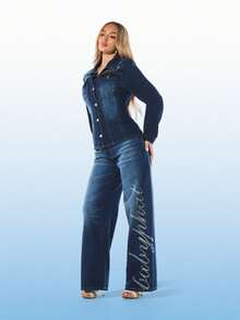BABYPHAT Women's Straight Fit Rhinestone Embellished High Rise Denim Jeans With Side Script Detail For Casual Everyday Wear - Blue - View 5