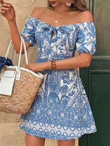 Breezaya Women's White And Blue Floral Paisley Print Off Shoulder Tie Front A Line Mini Dress,Summer Boho Holiday Vacation Holiday Beach Wedding Guest Dress - Blue and White - View 1