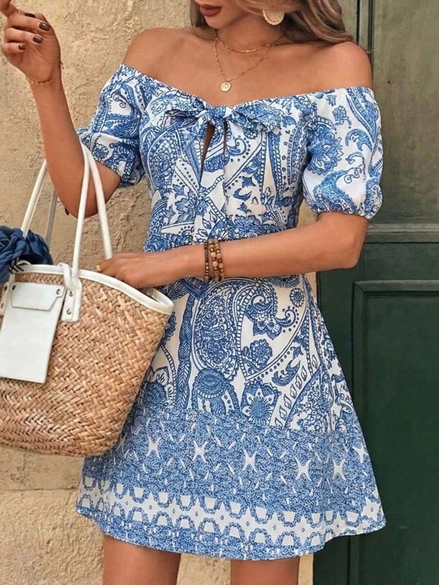 Breezaya Women's White And Blue Floral Paisley Print Off Shoulder Tie Front A Line Mini Dress,Summer Boho Holiday Vacation Holiday Beach Wedding Guest Dress - Blue and White - View 1