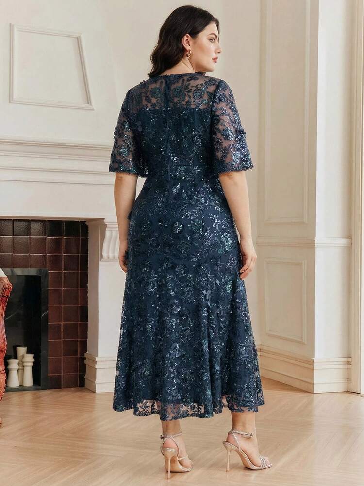 Elegant Navy Blue Floral Mesh Ruffle Trim Sequin Embellished Short Sleeve Dress, Suitable For Parties, Dates, Resorts, Spring/Summer Outfits