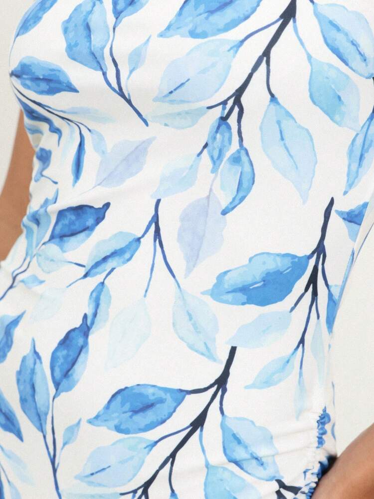 KSTM Women's Strapless One Piece Swimsuit With Blue Leaf Print And Side Tie Details For Beach Vacation Summer Swimming