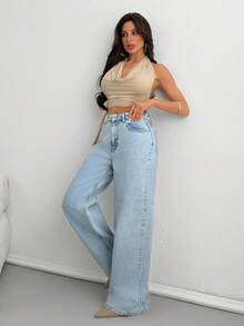 Women Washed Detail High Waist Wide Leg Denim Jeans - Light Wash - View 1