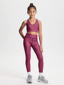 SHEIN 少女服装：多色印花高弹力背心、上衣和裤子，简约运动套装，时尚、舒适、休闲户外运动三件套 - 彩色 - 查看 7