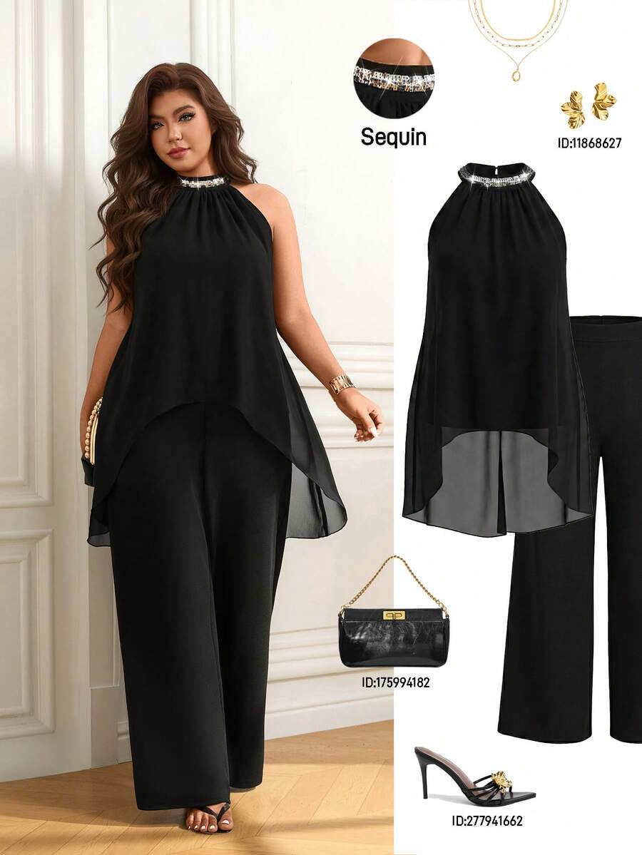 Femmeverse Bộ đồ 2 mảnh dành cho nữ cỡ lớn, xếp ly, cổ yếm, đính sequin và phối nhiều mảnh, quần ống rộng cạp cao dáng suông. - màu đen - Xem 1