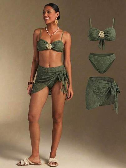 Swim Oasis Set de 3 piezas de bikini retro casual de playa para mujeres