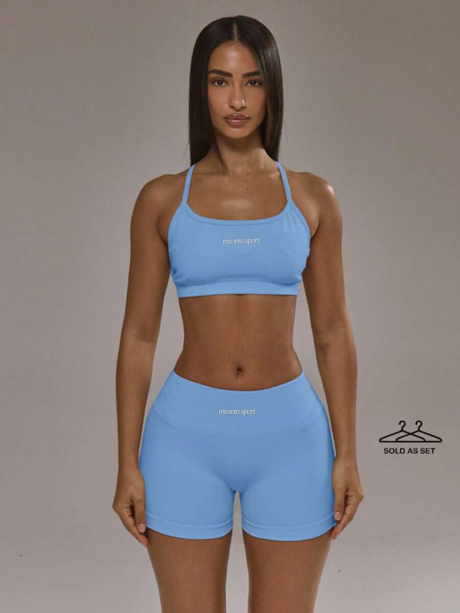 Musera Sport 交叉背带运动文胸和提臀紧身裤套装，适合秋季、冬季、夏季运动健身等各种运动场合。 - 淺藍色 - 查看 1