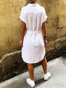 Linavere Women's Fashionable Elegant Turndown Collar Button Dress With Belt - Commuting Casual Style - Short Sleeve White Dress, Spring/Summer - White - View 2