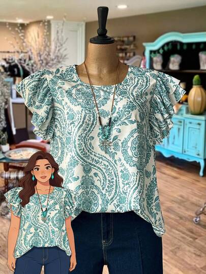 EMERY ROSE 大码女式印花圆领荷叶袖宽松衬衫