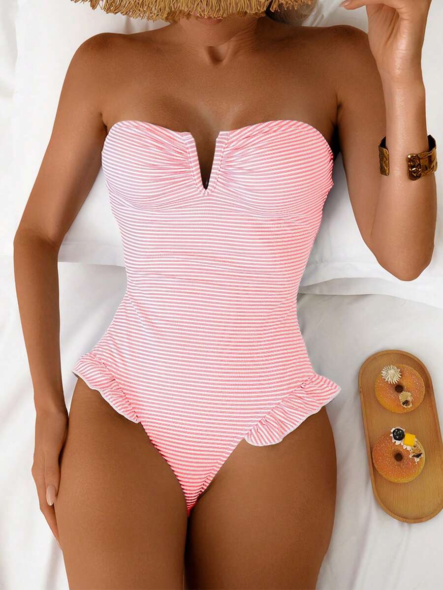 Swim Mod Bộ đồ bơi liền thân gợi cảm, xếp nếp, tối giản, màu xanh trắng kẻ sọc dành cho nữ, thích hợp cho kỳ nghỉ hè. - Hồng - Xem 1