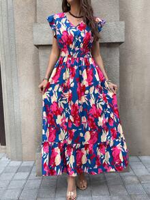 Solivie 女士印花荷叶袖抽绳腰连衣裙，度假风 - 彩色 - 查看 4