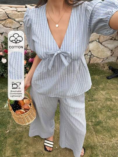 DAZY Bộ đồ ngủ nữ kiểu dáng nghỉ mát mùa hè, tay phồng kẻ sọc, thắt eo, trang trí nơ.