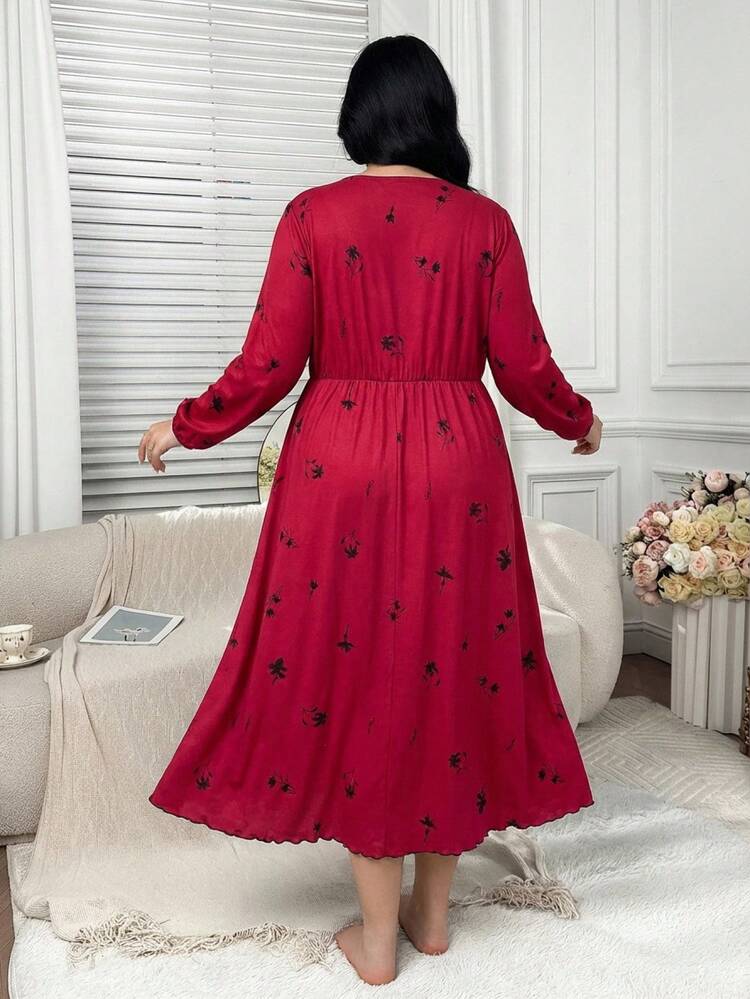 Dazy Plus Plus Size Floral Print Tie Front Long Sleeve Nightgown