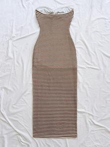 Soleia Women's Elegant Striped Dress, Casual For Vacation, Party, Date, Winter Striped Two Piece Set Two Piece Beach Set Brown Two Piece Set Brown Summer Top Brown Striped Two Piece - Coffee Brown - View 2