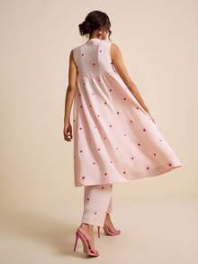 LOTSLUV Women's Spring/Summer Linen Fabric Asymmetrical Heart Embroidered Pink Sleeveless Round Neck Long Top And Cropped Pants 2-Piece Set - Baby Pink - View 2