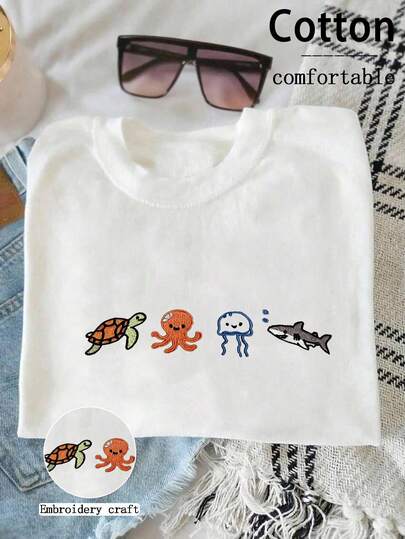 INAWLY 可爱海洋生物刺绣女式T恤
