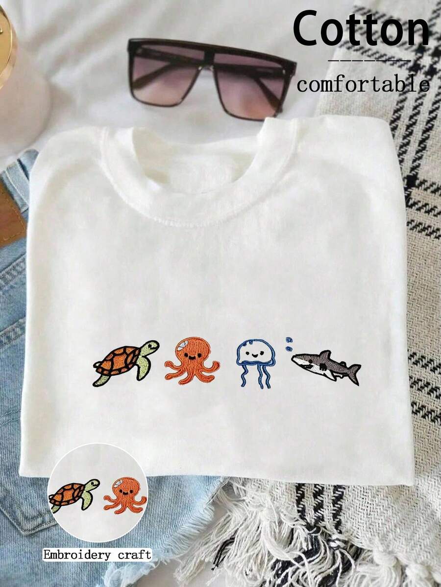 INAWLY 可爱海洋生物刺绣女式T恤 - 白色 - 查看 1