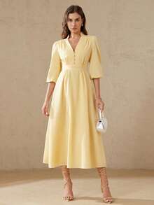 BELROSIE Robe de vacances élégante et minimaliste de style rétro français. Robe de luxe Top de gamme avec col en V, manches à volants, décoration de boutons métalliques et taille affinée évasée pour femmes - Jaune clair - Voir 4