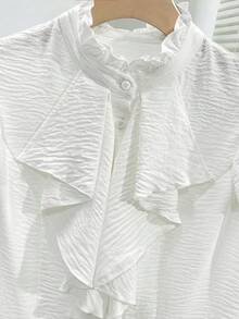 Franclia 女士优雅纹理面料立领荷叶边垂褶装饰开襟短袖衬衫 - 白色 - 查看 7