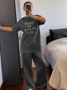 DAZY Letter Print Loose Short Sleeve Top And Pants 2 Pieces Set, Women Summer Casual Outfit - Dark Grey - View 6