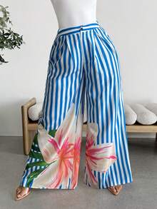 Vavine Blue & White Pleated Waist Loose Women Casual Pants - Multicolor - View 3