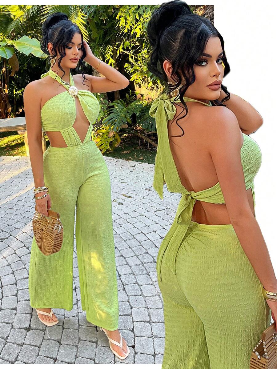 SHEIN SXY Women's Vacation Casual Backless Halter Jumpsuit,Summer ,Spring ,Vacation,Beach , Ibiza,Green, Two Piece Set Spring Two Piece Set Green Two Piece Set Vacation Outfits Women 2 Piece Set Summer 2 Piece Set, - Green - View 1