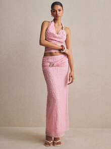 Poéselle 女士纯色金属装饰休闲百搭约会之夜半身裙 - 粉色 - 查看 5