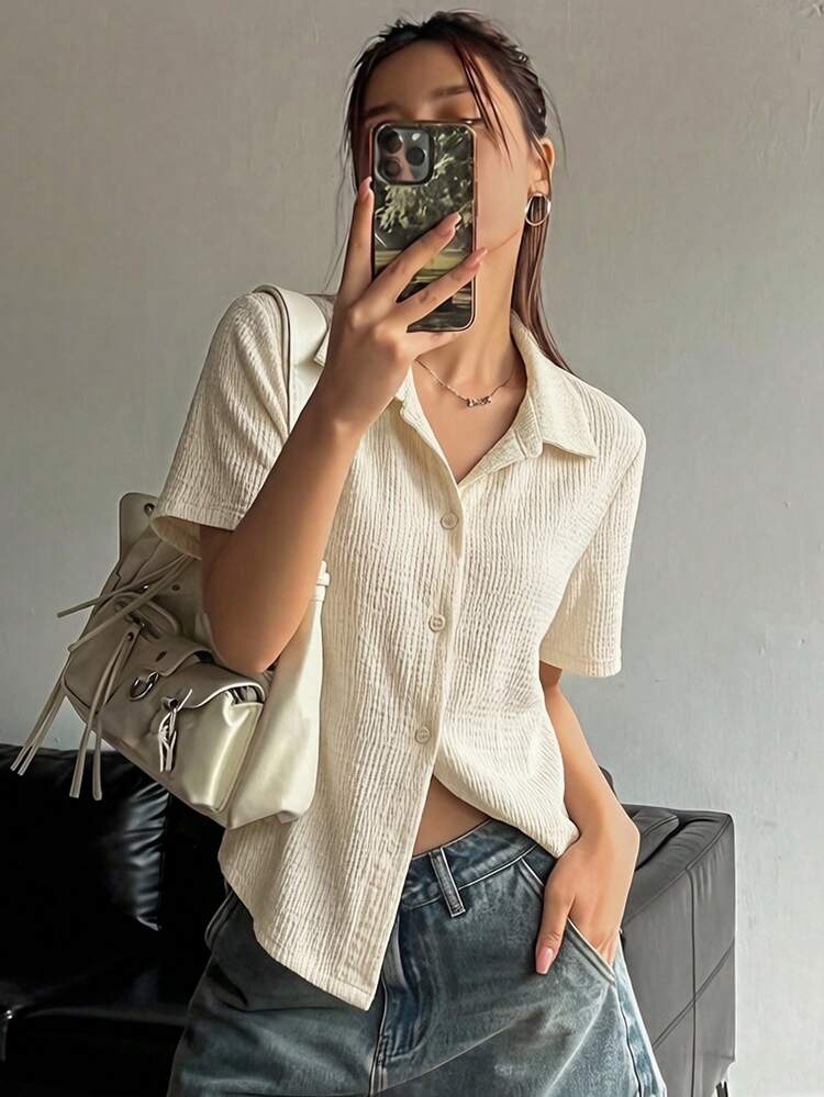 Women's White Collared Short Sleeve T-Shirt, Suitable For Commuting & Office, Summer